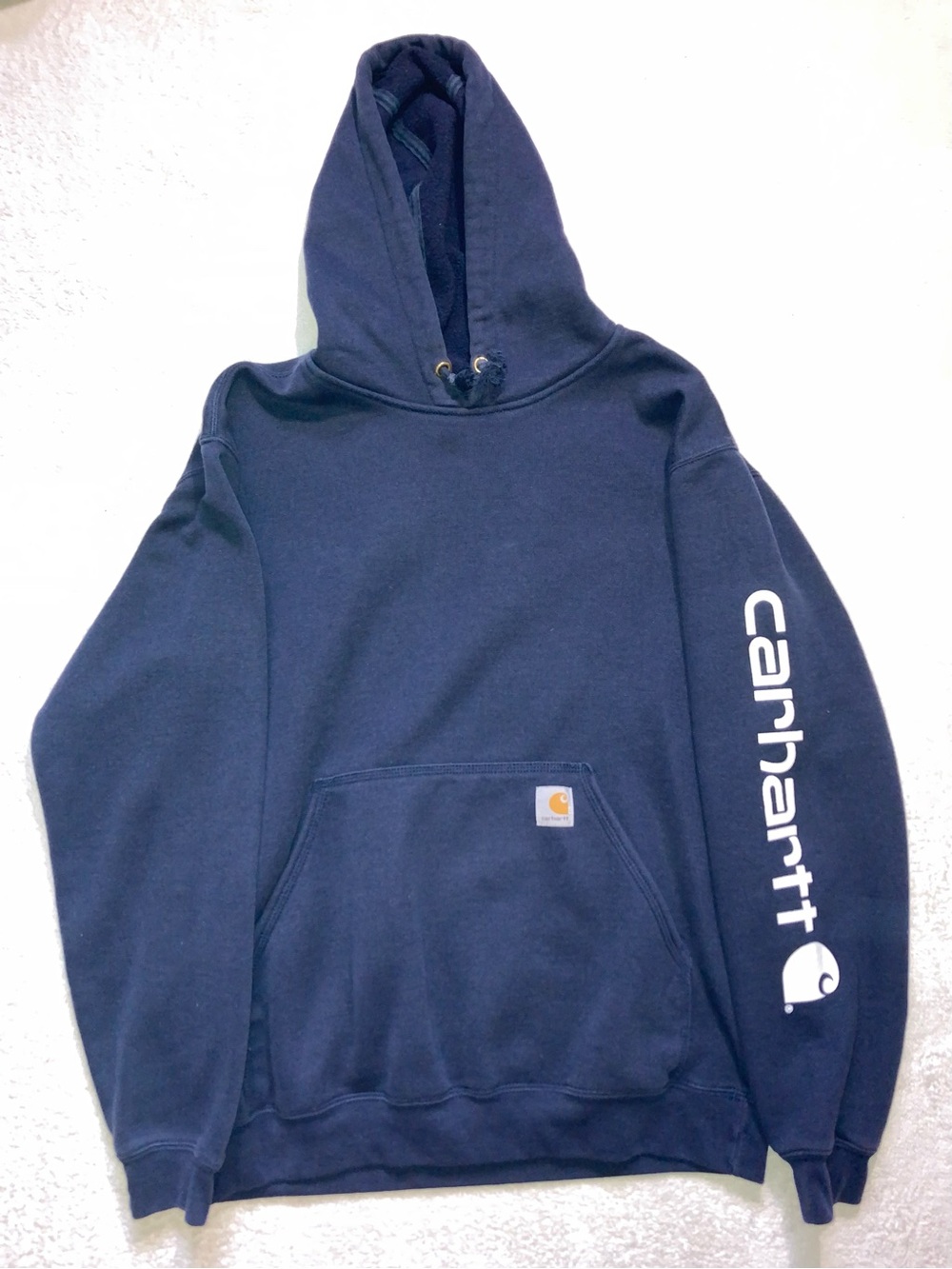 Carhartt Navy Blue Crewneck Hoodie with White Sleeve Logo